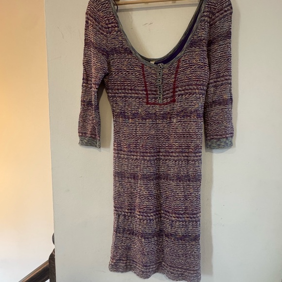Y2K Free People Rainbow Sunrise Knit Stretchy 3/4 Sleeve Sweater Dress| Large - Picture 3 of 7